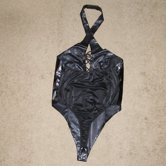 🔥 NEW (Vintage) Allure Leather Black Vinyl Halter Teddy XL 8-10 - Picture 3 of 12